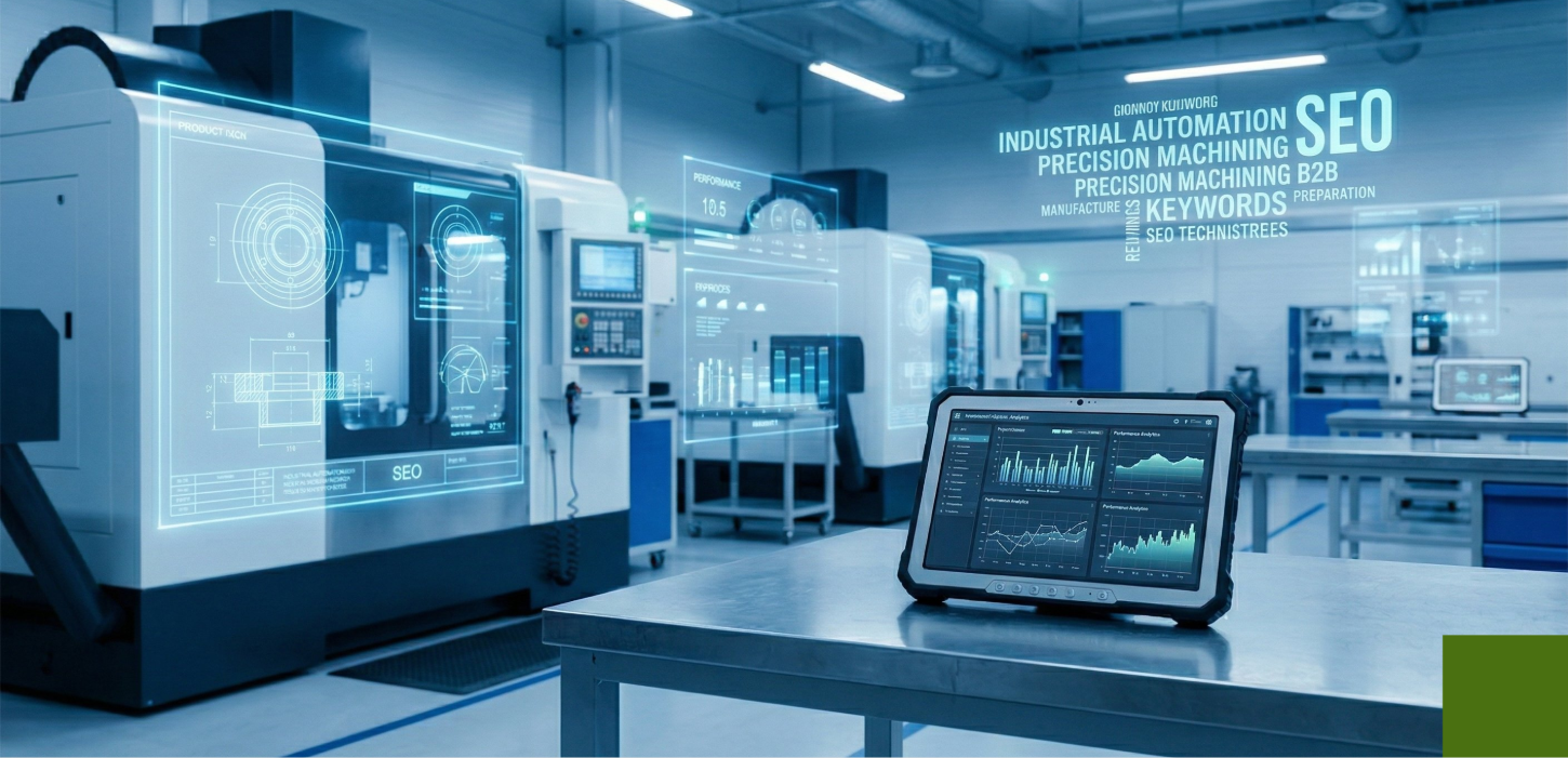 A modern machining facility with holographic data overlays and an analytics tablet, highlighting a targeted digital marketing strategy for manufacturing industries.