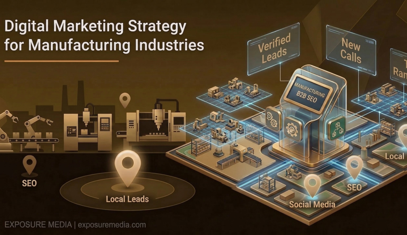 An isometric graphic showing local lead generation, SEO hubs, and digital mapping, representing core elements of a digital marketing strategy for manufacturing industries.