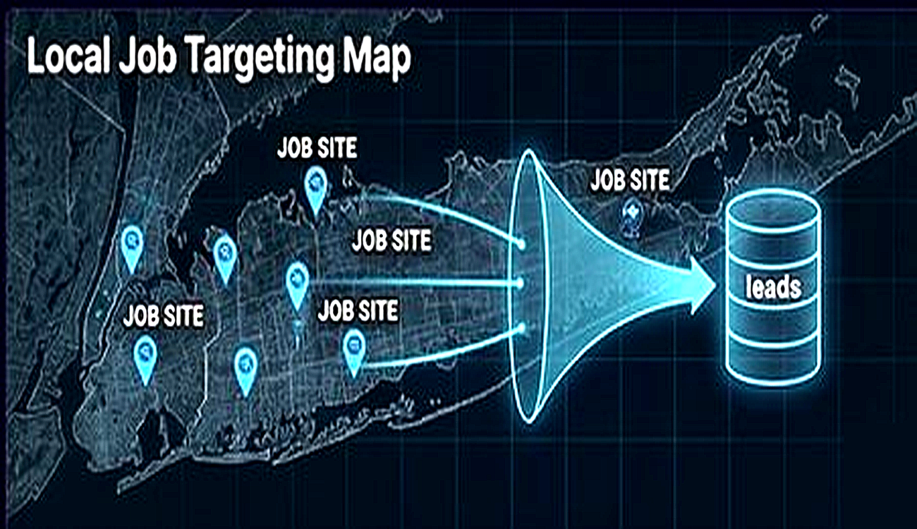 A digital map of Long Island showing job site pins funneling into a leads database, demonstrating a digital marketing strategy for construction companies.