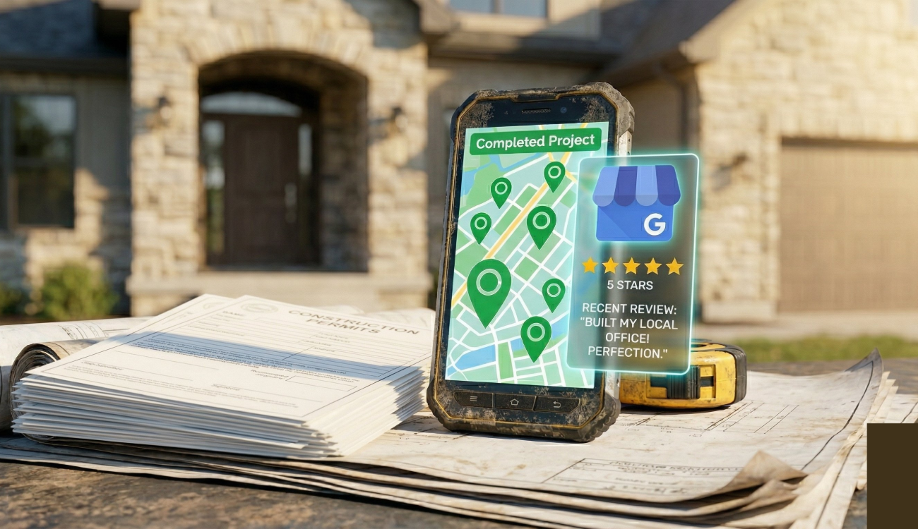 A smartphone showing a local map with completed project pins and a five-star review, highlighting a successful digital marketing strategy for construction companies.