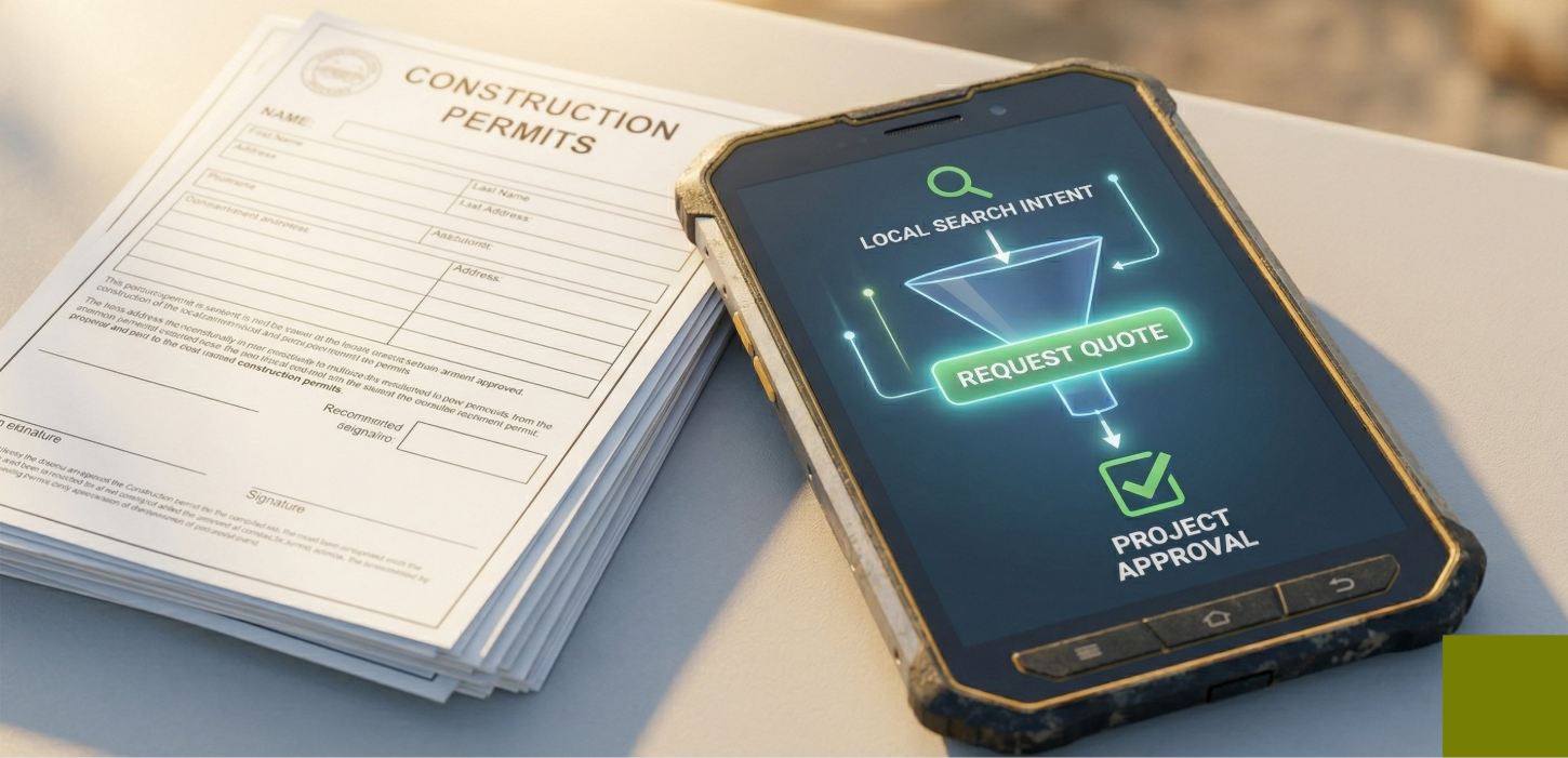 A rugged smartphone displaying a local search intent funnel next to construction permits,