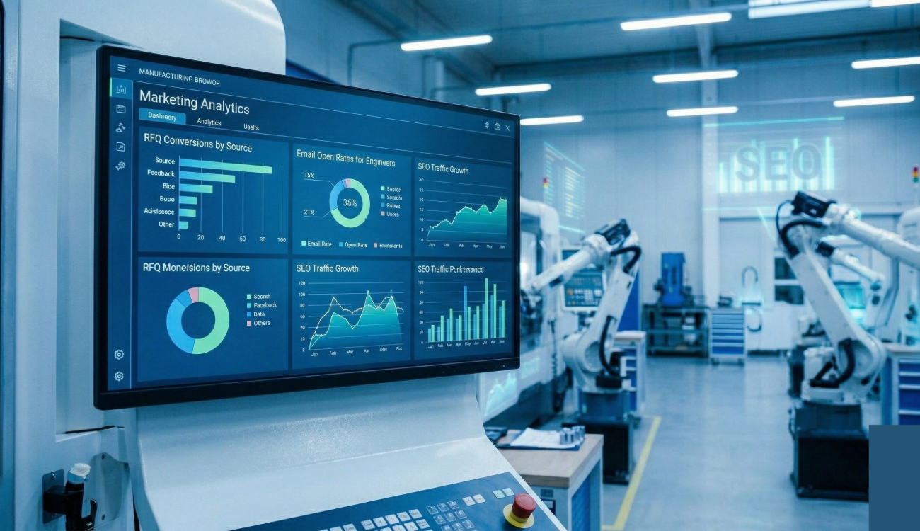 A digital analytics dashboard on a factory floor displaying RFQ conversions and SEO traffic, tracking the success of a digital marketing strategy for manufacturing industries.