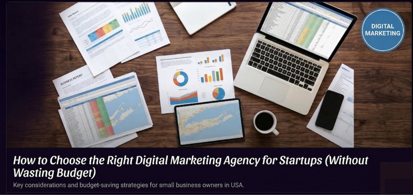 A desk covered in business reports and a tablet displaying a map of Long Island, representing the analytical planning done by a digital marketing agency for startups.