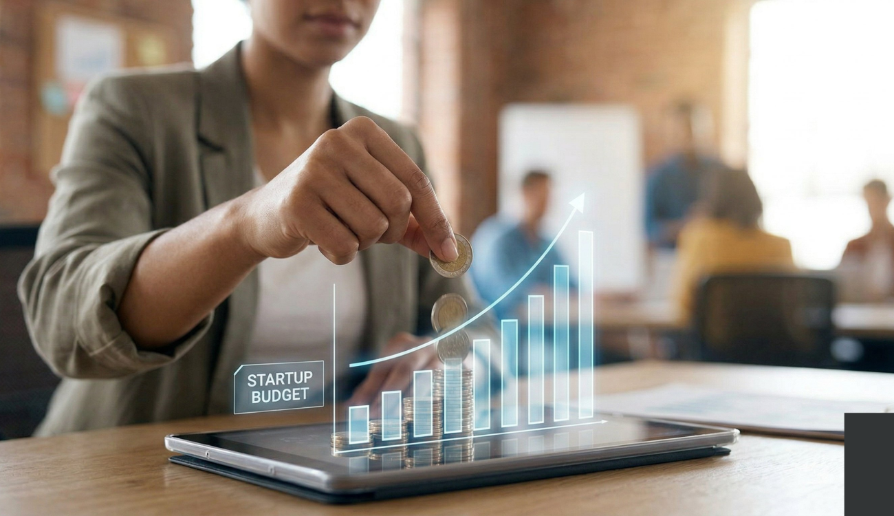 : A business professional placing coins on a digital growth chart labeled "startup budget," demonstrating the financial focus of a digital marketing agency for startups.